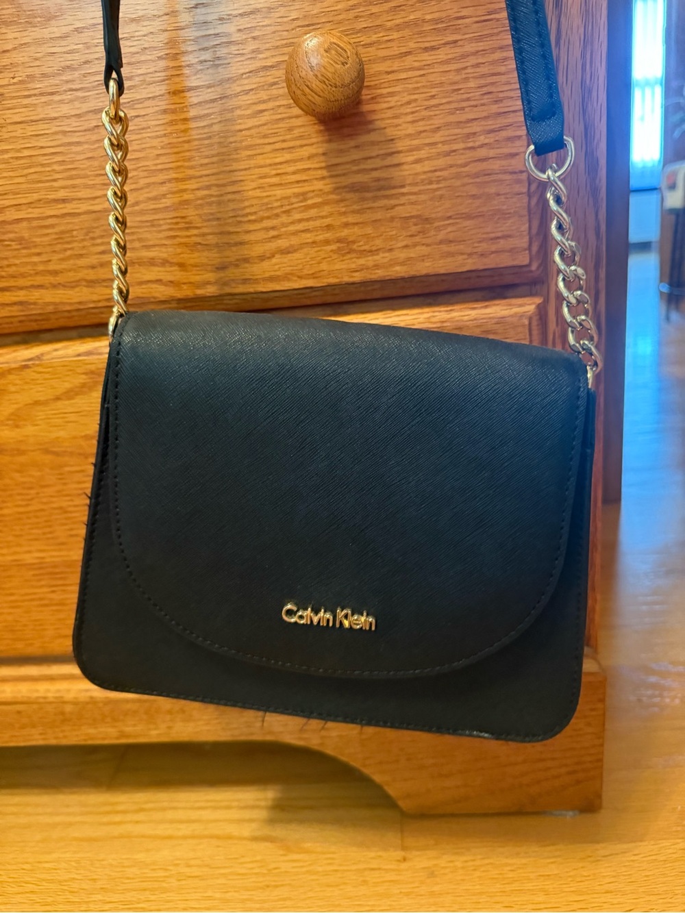 Calvin Klein Black Saffiano Crossbody with Gold Chain Strap